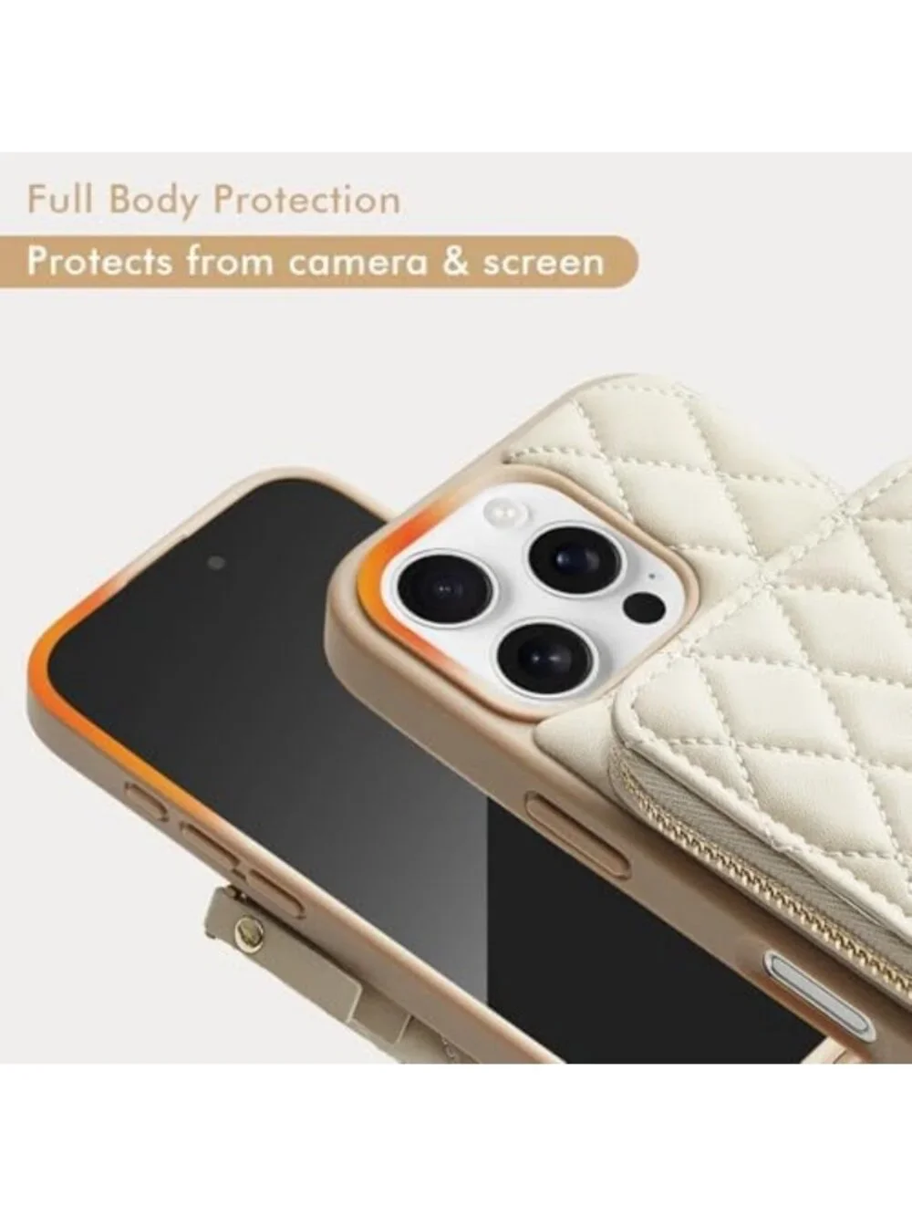 Stylish iPhone 17 Wallet Case with Card Holder & Wrist Strap - Beige Crossbody
